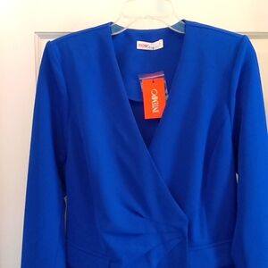 NEW. ROYAL BLUE LONG-SLEEVE WRAP AROUND DRESS BY INTEMPO.    SIZE MEDIUM
